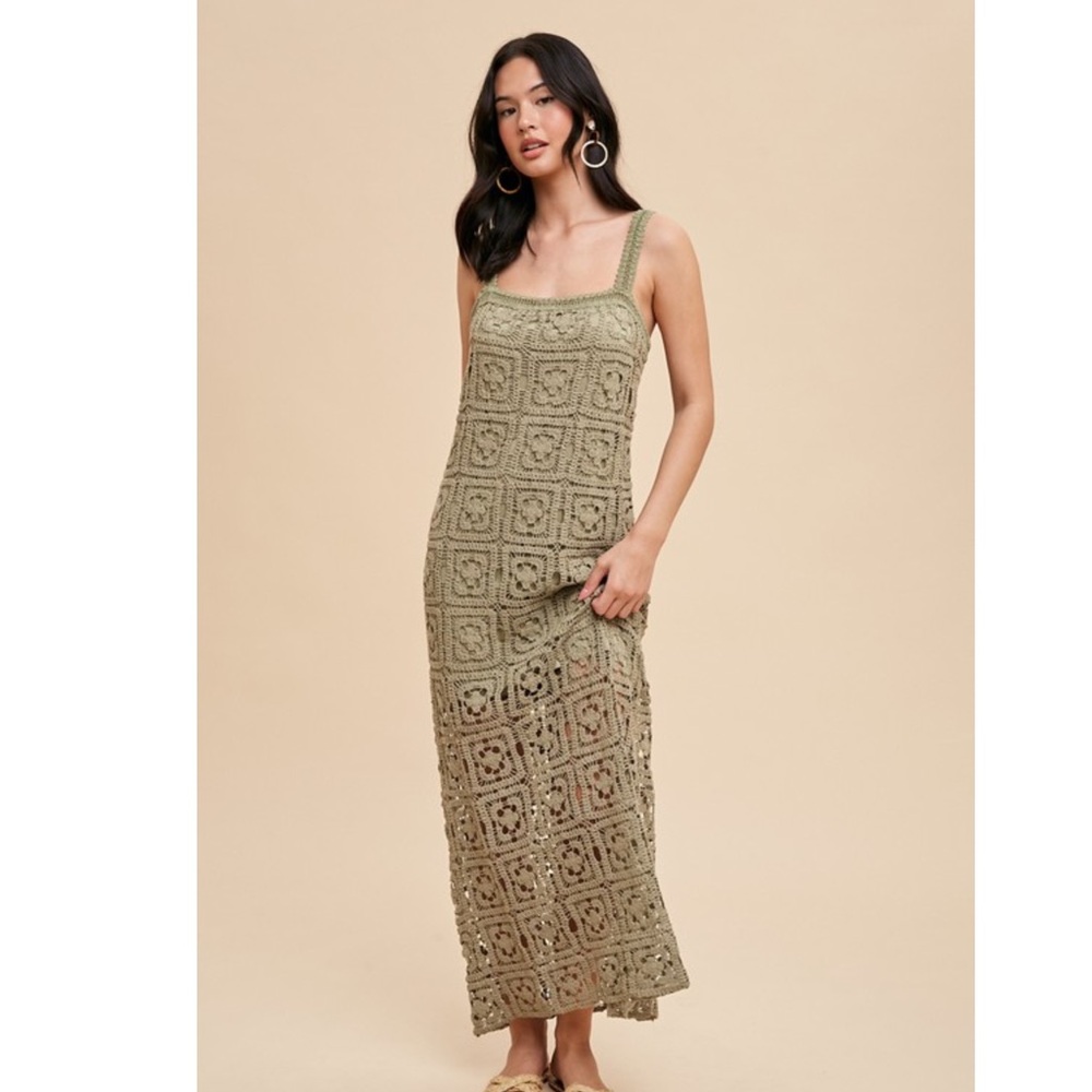 In Loom Cotton Boho Crochet Maxi Tank Dress in Olive nwt - Picture 5 of 5